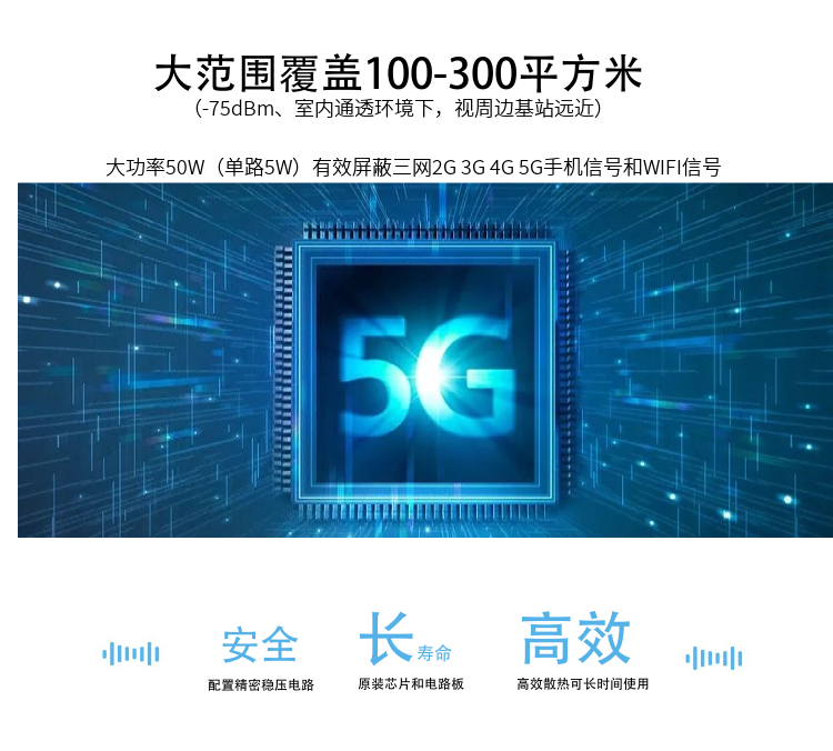 Z-820T5G考場(chǎng)手機(jī)信號(hào)屏蔽器是寧波大展電子科技有限公司運(yùn)用現(xiàn)代高新技術(shù)，通過深入分析通信機(jī)理，綜合比較電磁發(fā)射抑制方法，精心研制成功高科技新型信息安全保密產(chǎn)品。該設(shè)備可以有效地屏蔽所有2G/3G/4G/5G手機(jī)、2.4GWiFi（WLAN/ZIGBEE/BLUETOOTH)等無線通信信號(hào)。通過發(fā)射特定的電磁信號(hào)，在禁止使用無線通信設(shè)備的場(chǎng)所內(nèi)形成一個(gè)電磁保護(hù)場(chǎng)，使該場(chǎng)所內(nèi)無線通信設(shè)備與外界無線通信信號(hào)不能產(chǎn)生對(duì)接，從而切斷場(chǎng)所內(nèi)無線通信工具與外界的聯(lián)系，是保密會(huì)場(chǎng)、標(biāo)準(zhǔn)化考場(chǎng)的安全衛(wèi)士。