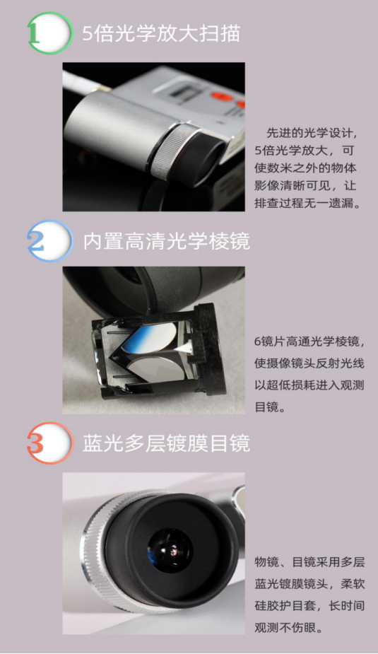 1、電磁波探測(cè)模式
探測(cè)器自帶射頻（ RF）探測(cè)天線、當(dāng)探測(cè)到目標(biāo)設(shè)備所發(fā)射的電磁波信號(hào)時(shí)候，設(shè)備面板信號(hào)強(qiáng)度指示燈將會(huì)對(duì)信號(hào)強(qiáng)度進(jìn)行指示，同時(shí)內(nèi)置蜂鳴器將進(jìn)行聲音提示。通過(guò)頂部的旋鈕可以調(diào)節(jié)探測(cè)器的射頻信號(hào)探測(cè)靈敏度，開(kāi)機(jī)默認(rèn)靈敏度最低，繼續(xù)順時(shí)針旋轉(zhuǎn)可增加靈敏度，當(dāng)射頻電平指示燈第一個(gè)信號(hào)燈點(diǎn)亮的時(shí)候靈敏度處于最高狀態(tài)，探測(cè)定位器/竊聽(tīng)器一般使用中等靈敏度即可，探測(cè)wiFi攝像機(jī)需要使用較高靈敏度去探測(cè)。
2、光學(xué)鏡頭探測(cè)模式
首先打開(kāi)探測(cè)器電源，然后按下面板SCAN按鍵，探測(cè)器的光束發(fā)射器將發(fā)射特殊波長(zhǎng)和頻率的光束，使用者手持探測(cè)儀，眼睛靠近目鏡進(jìn)行觀測(cè)，當(dāng)發(fā)射器所發(fā)射的光束照射到被探攝像機(jī)的光學(xué)鏡頭時(shí)，由于攝像機(jī)光學(xué)鏡頭物鏡的第一片基本都是采用的凸透鏡，凸透鏡會(huì)對(duì)探測(cè)儀發(fā)射的入射光線進(jìn)行聚焦和反射，反射光線以180度角原路反射至光源發(fā)射點(diǎn)后面安裝的觀察目鏡當(dāng)中，光線經(jīng)由物鏡進(jìn)入5倍光學(xué)放大，最終通過(guò)目鏡鏡片投射到觀察者的視網(wǎng)膜上進(jìn)行成像，觀察者通過(guò)目鏡將能清晰的看到被探攝像機(jī)的鏡頭呈1.6HZ頻率的光點(diǎn)閃爍，然后就可以進(jìn)一步對(duì)光點(diǎn)閃爍處進(jìn)行排查是否安裝有微型攝像機(jī)。
3、紅外線探測(cè)模式
短按面板按鍵speaker on/off鍵可以開(kāi)啟關(guān)閉探測(cè)報(bào)警提示音，長(zhǎng)按該鍵兩秒可以將設(shè)備由探測(cè)射頻模式切換到探測(cè)紅外線模式。
當(dāng)設(shè)備處于探測(cè)紅外線模式時(shí)，探測(cè)器前面板激光指示器開(kāi)啟，面板前部紅外線探測(cè)傳感器處于接收狀態(tài)，使用者手持探測(cè)器對(duì)環(huán)境進(jìn)行探測(cè)掃描，當(dāng)紅外線探測(cè)器探測(cè)到環(huán)境中有超過(guò)設(shè)定強(qiáng)度值的紅外線時(shí)，探測(cè)器將發(fā)出聲光報(bào)警提示，同時(shí)激光指示器將會(huì)指示紅外線發(fā)射源的具體安裝位置，使用者可以很方便的找到被探測(cè)目標(biāo)設(shè)備。
