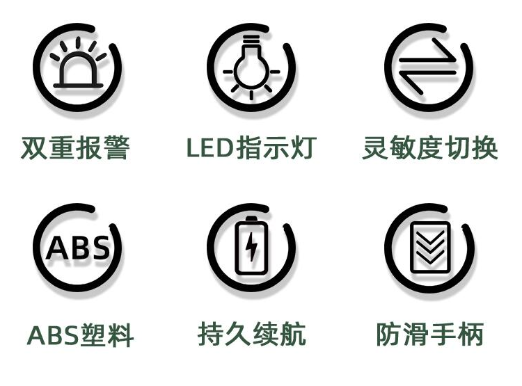 該產(chǎn)品使用大規(guī)模集成電路，可完全配用9V充電電池（選配件），低電壓指示，LED燈光鳴聲報警和振動報警，是檢查非法物品不可多得的理想產(chǎn)品。并附帶有外接充電器功能，可在探測器本機(jī)進(jìn)行充電。